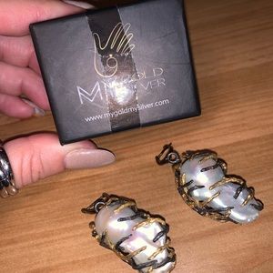 Unique raw pearl gold silver earrings